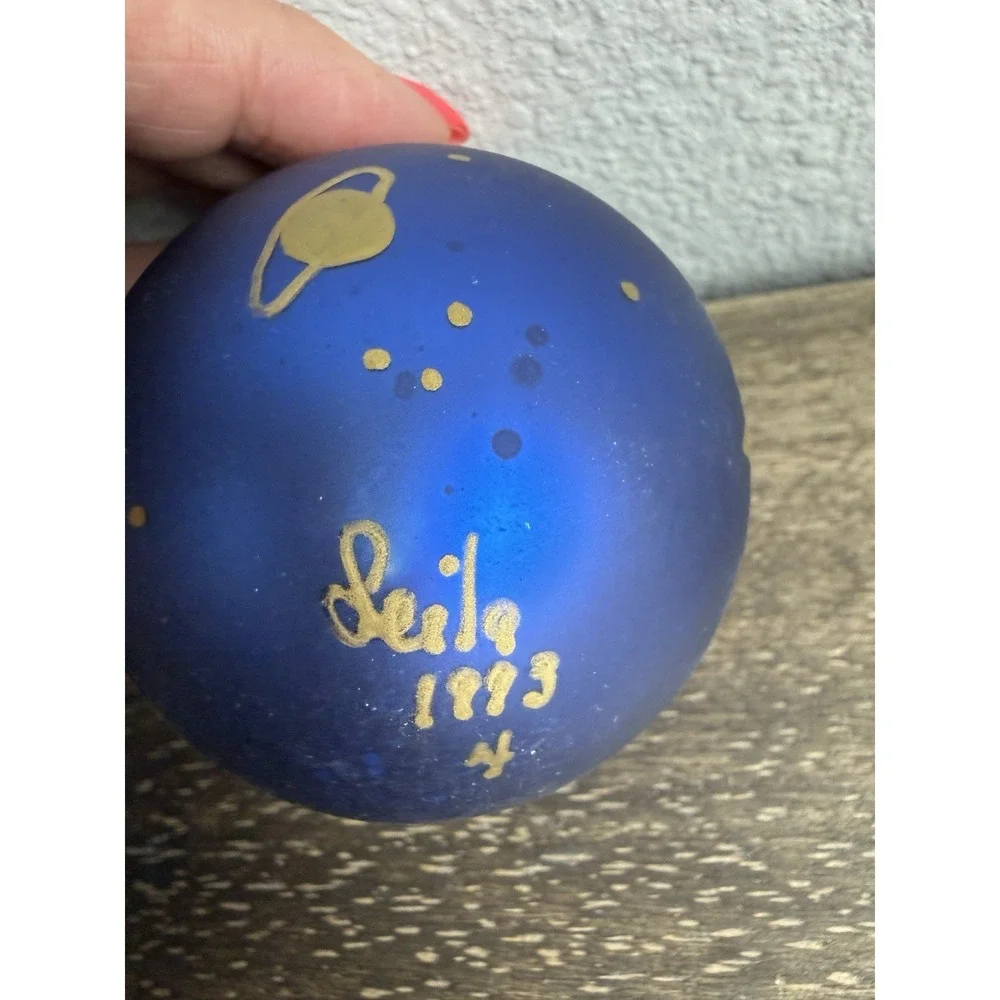 Signed Celestial Moon Stars Hand Painted Blue Glass Ornament Vintage 1993 Studio